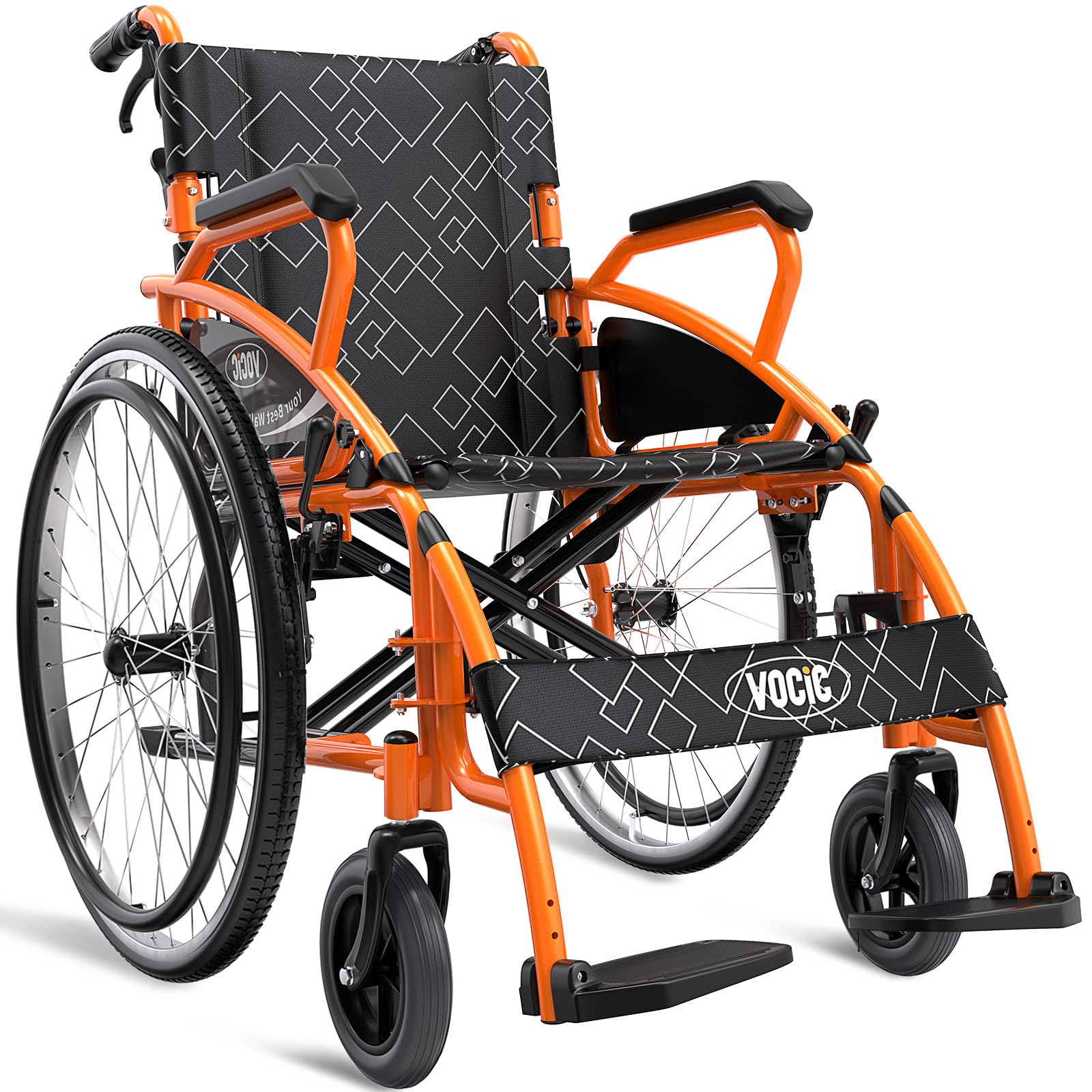 VOCIC U31 - Sedia a rotelle pieghevole leggera, per trasporto fino a 150KG, design a doppia frenata, sedia a rotelle autospinta per anziani (17,5kg), sedia a rotelle da viaggio con ruota posteriore