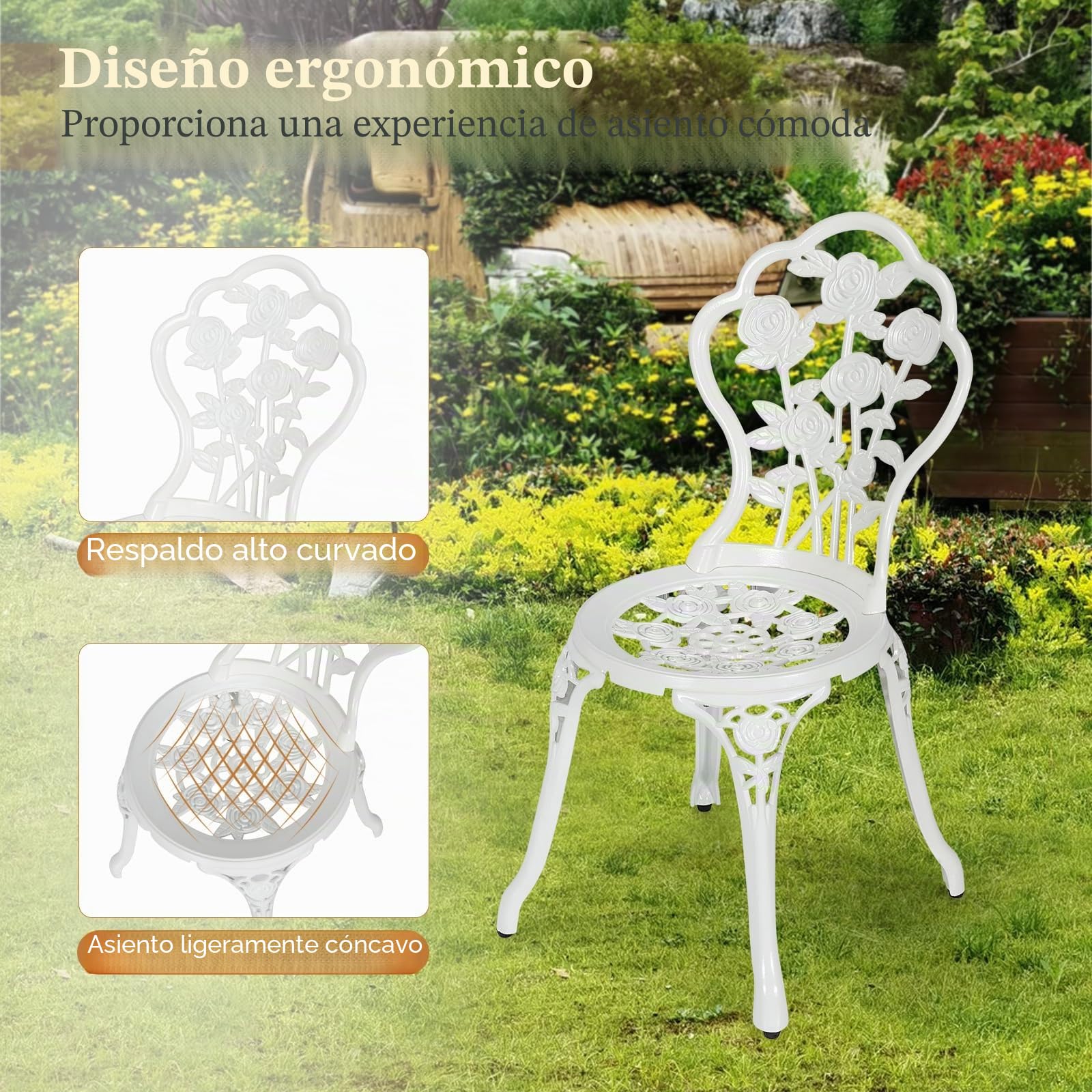 GIANTEX Juego de Mueble de Jardín 3 Piezas, 1 Mesa y 2 Sillas con Respaldo, de Aluminio, Mueble de Terraza de Estilo Retro, con Agujero para Sombrilla, para Jardín, Terraza o Parque (Blanco)