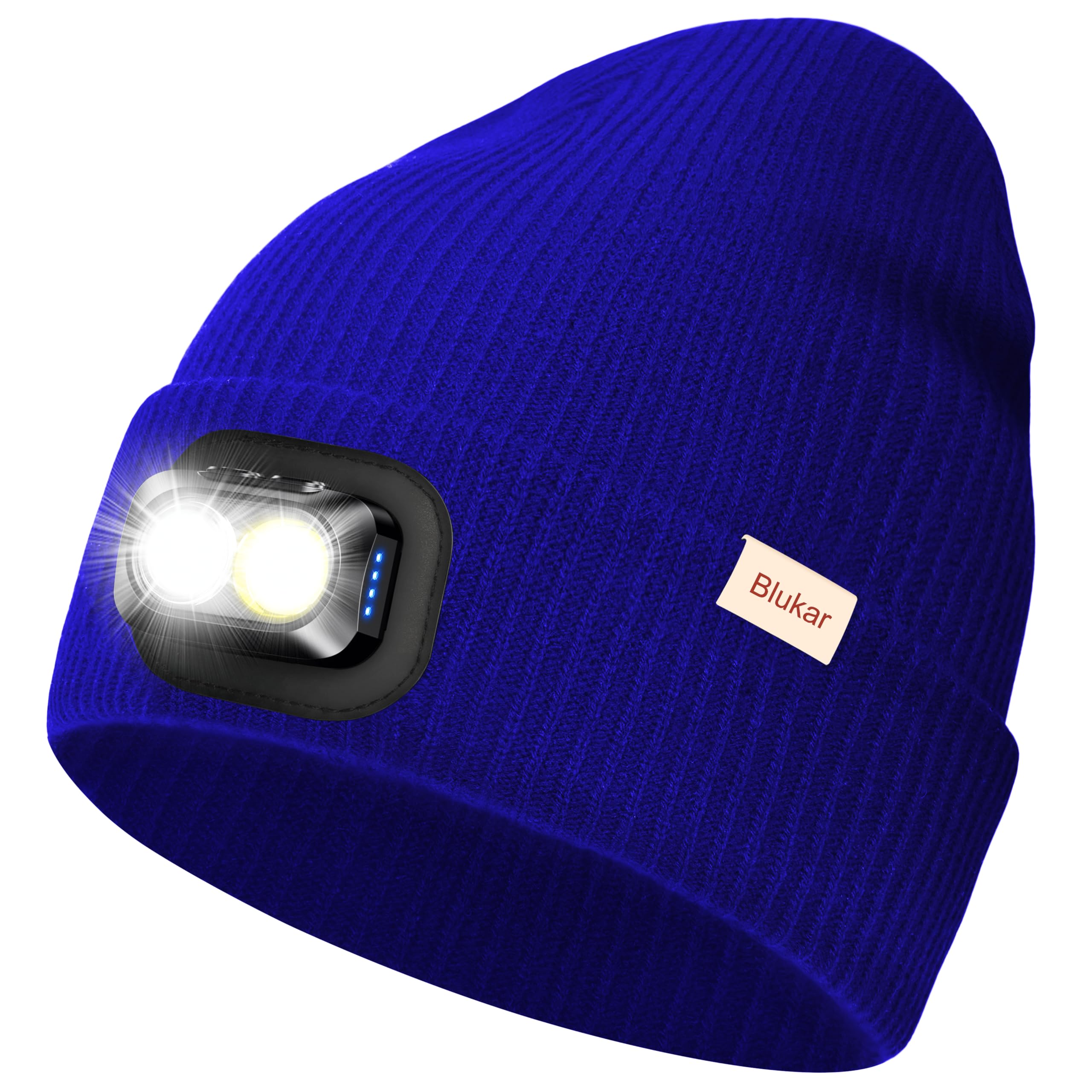 Blukar LED Beanie Beleuchtete Mütze mit Licht, 2 in 1 Extrem Helle Laufmütze mit Lampe, 5 Lichtmodi, Wiederaufladbar, Winter Warme Stirnlampe Geschenke für Damen Herren, inkl. Stirnband, Blau