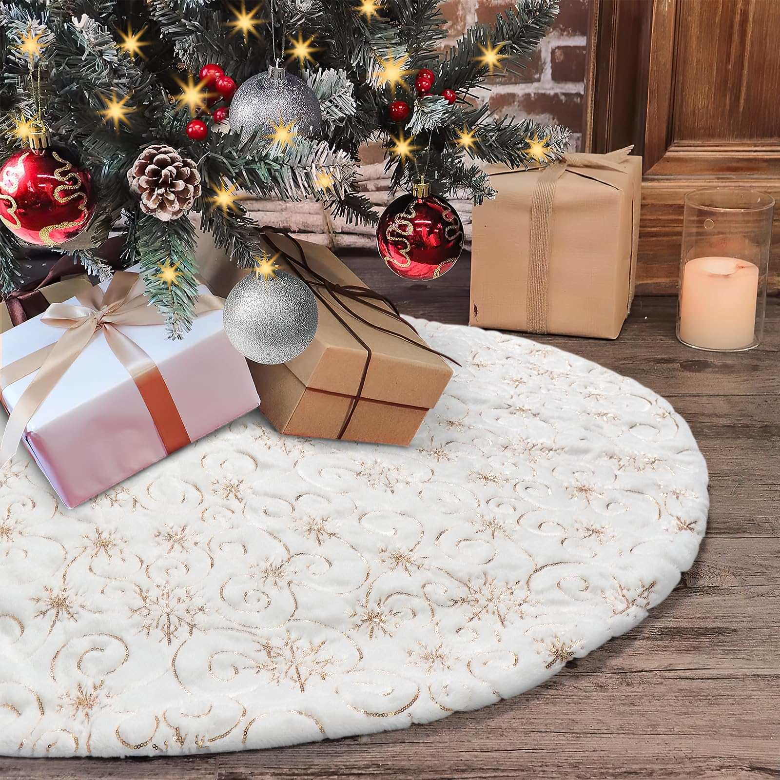 Dremisland Jupe de sapin de Noël en fausse fourrure avec flocons de neige à paillettes brodés pour Noël, Nouvel An, vacances, décoration d'intérieur (122 cm, doré)