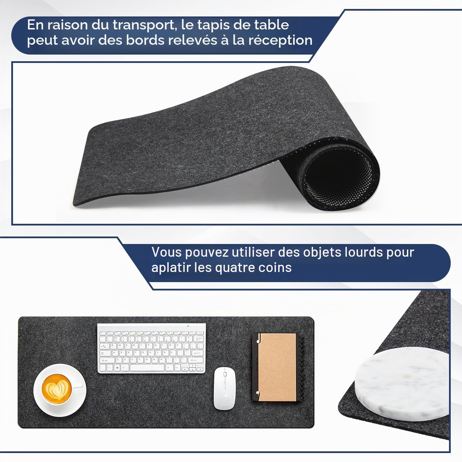 Panelee 2 Paquets 80x30 cm Grands Sous-Mains en Feutre Tapis de Bureau Antidérapants Protecteurs Ordinateur Souris Clavier Gris Foncé