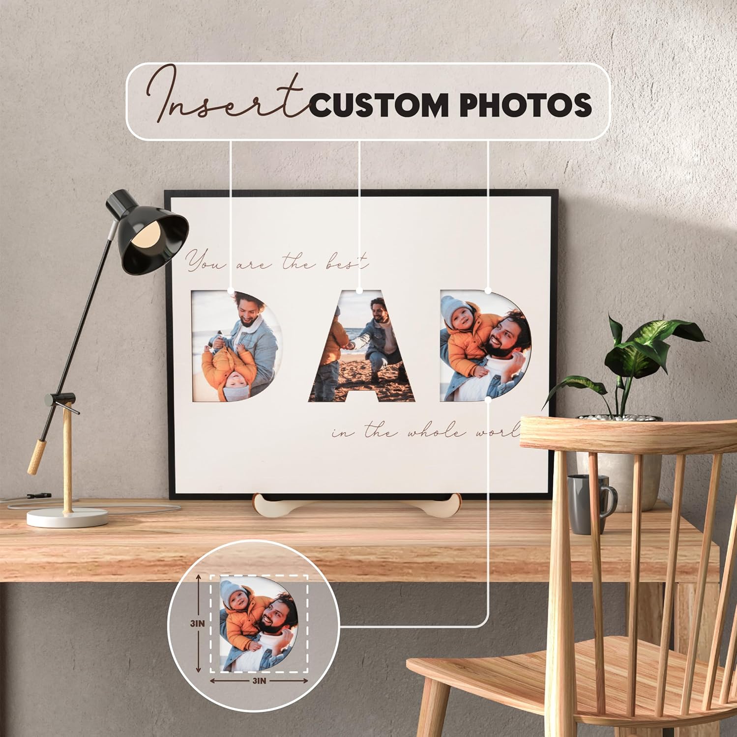 Father's Day Gift For Dad, Photo Frame DAD Sign For Table Decoration, Photo Fame From Daughter, Display 3 Photos 3x3 Inch, Father's Day Gift Picture Frame, Custom Dad Photo, Home Office Decoration (DS51) - Image 3