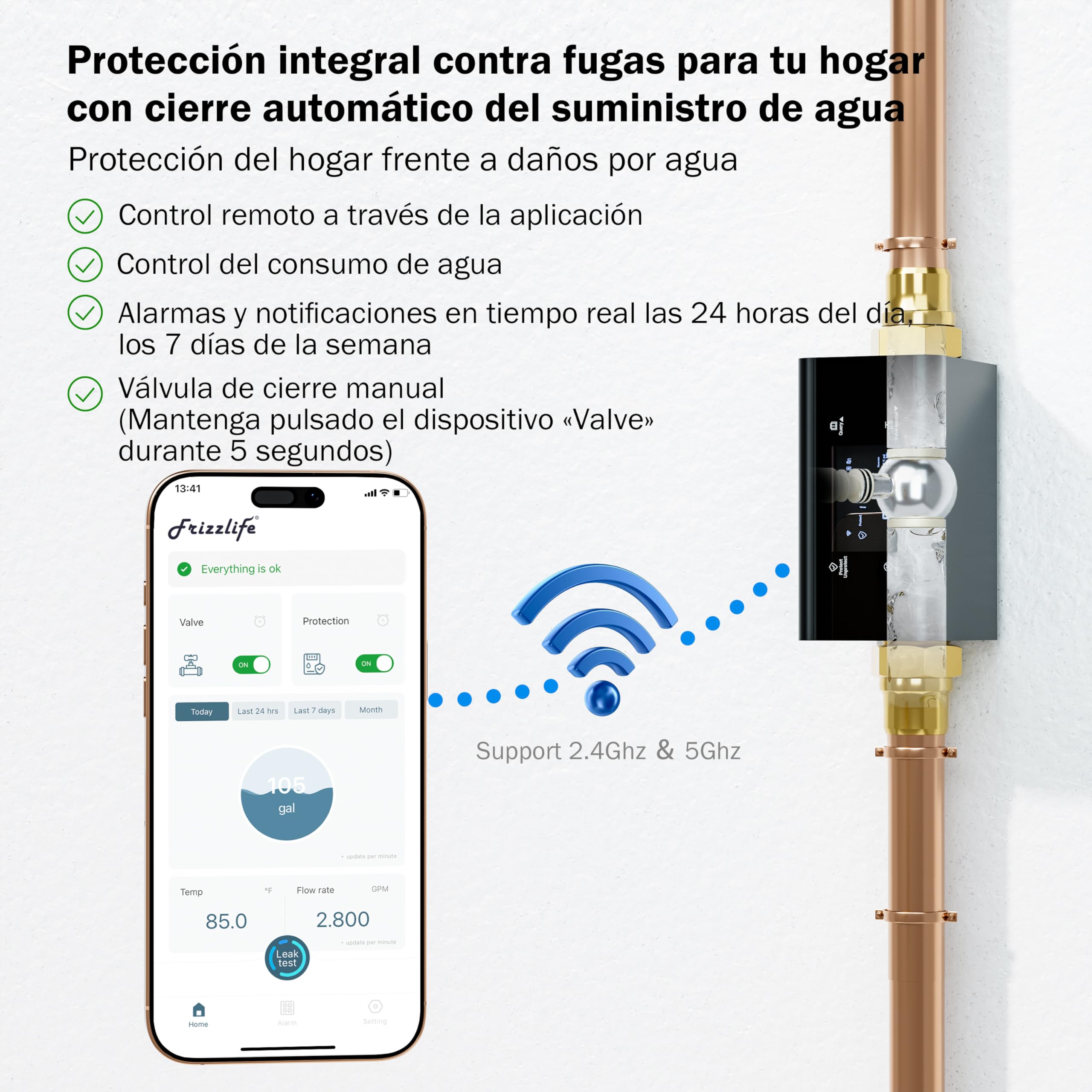 Frizzlife Monitor de agua LP365 con válvula de cierre automático | Detección ultrasónica de microfugas (0,01 GPM) | Aplicación WiFi | Alarmas de flujo y temperatura en tiempo real | Datos de consumo