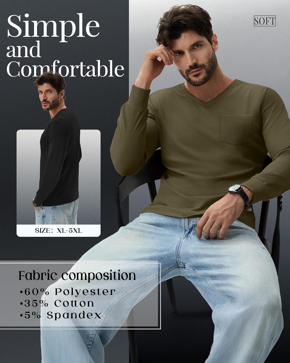 4 Pack Men's Big and Tall Shirts with Pocket, Long Sleeve V Neck Tops Loose Fit Casual Stretchy Tee Shirts - Image 5
