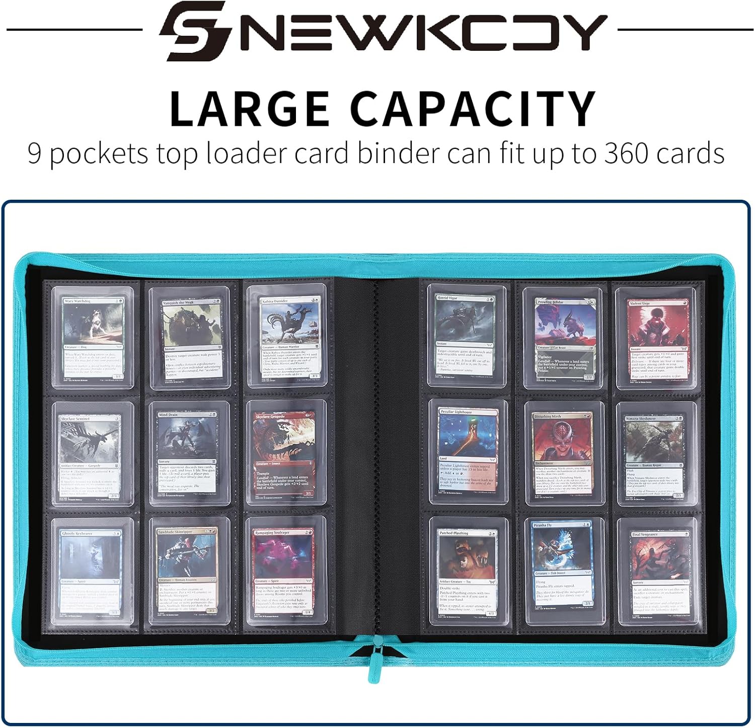 Snekdy Top loader Binder, 9 Pockets Top Loader，Holds 360 Top Loaders cards, Card binder with Sleeves for card in 3 x 4 inch color smooth Zipper PU Leather (Turquoise)
