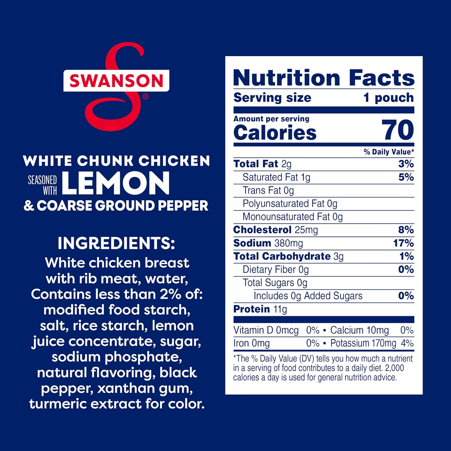SWANSON S Lemon and Coarse Ground Pepper White Chunk Cooked Chicken, Ready to Eat, On-the-Go Meals, 2.6 oz Pouch (Case of 12)