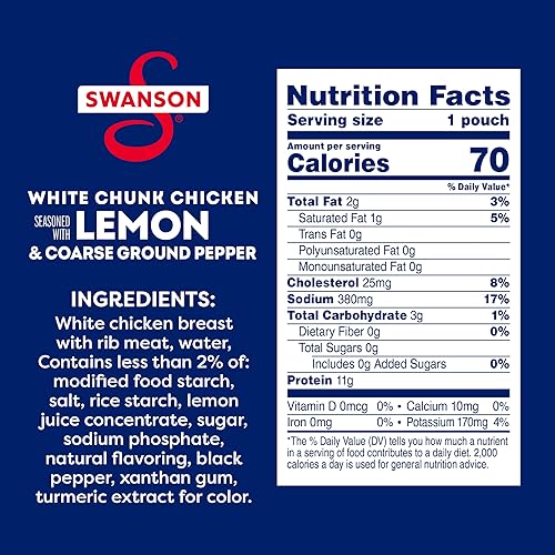 Miniatura 2 de SWANSON S Pollo cocido en trozos blancos con limón y pimienta molida gruesa, listo para comer, comidas para llevar, bolsa de 2.6 oz (caja de 12)
