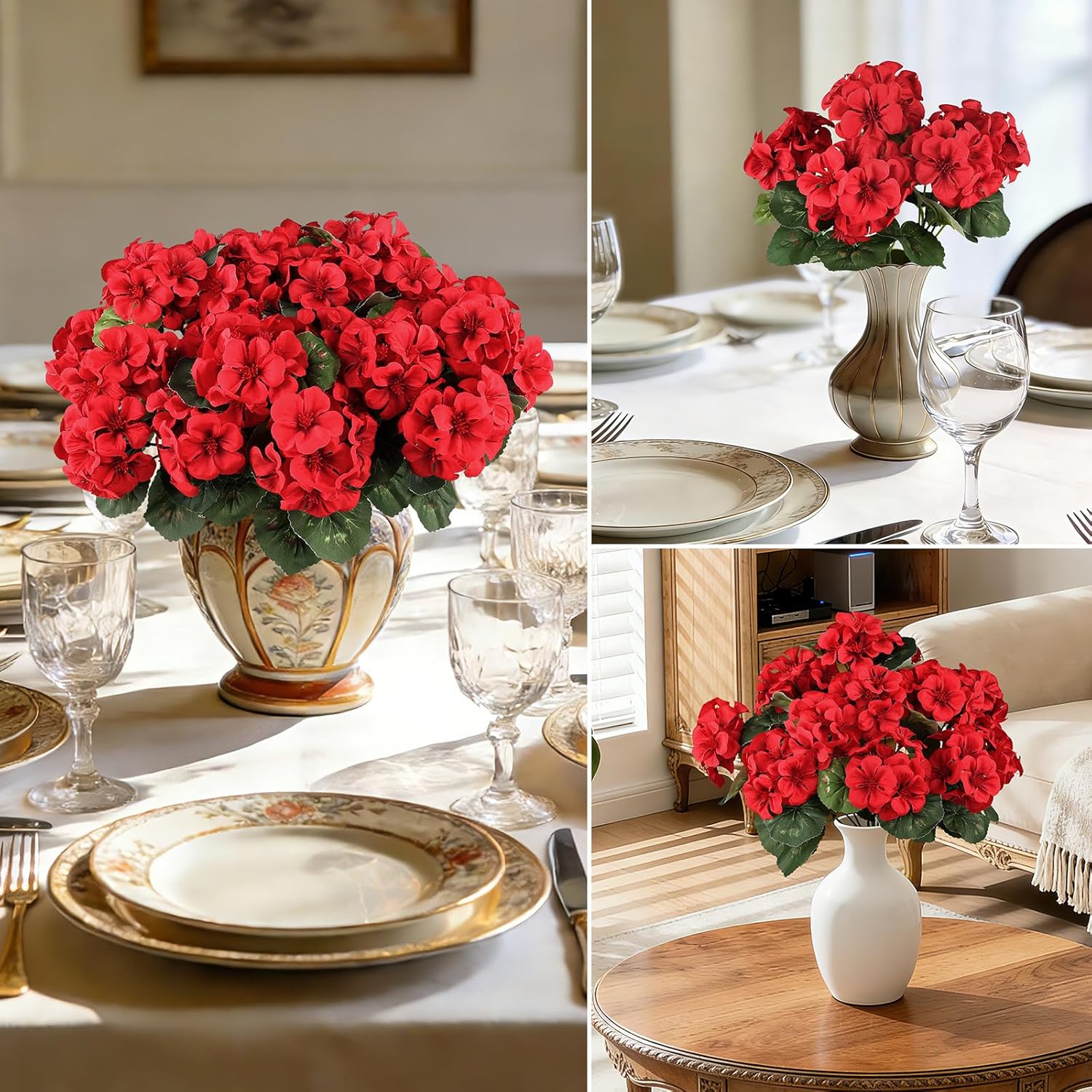 6 Bundles Red Artificial Geranium Flowers for Outdoors Spring Decor Geraniums Silk Flowers UV Resistant Lifelike Faux Flowers for Spring Indoor Outdoor Garden Patio Porch Balcony Home Decoration