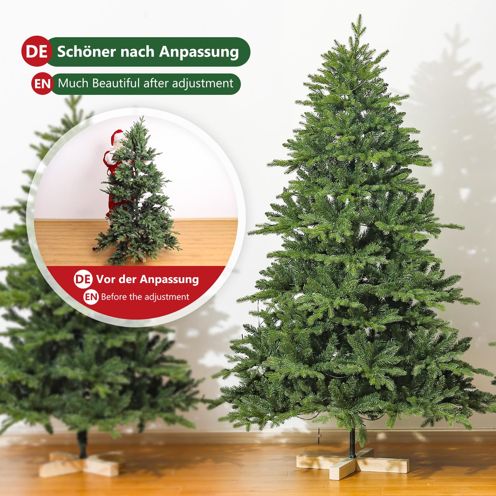 Yorbay Árbol de Navidad Artificial de Nordmann con iluminación LED de Abeto con Soporte de Madera para decoración navideña, de PE y PVC, Reutilizable (180 cm)