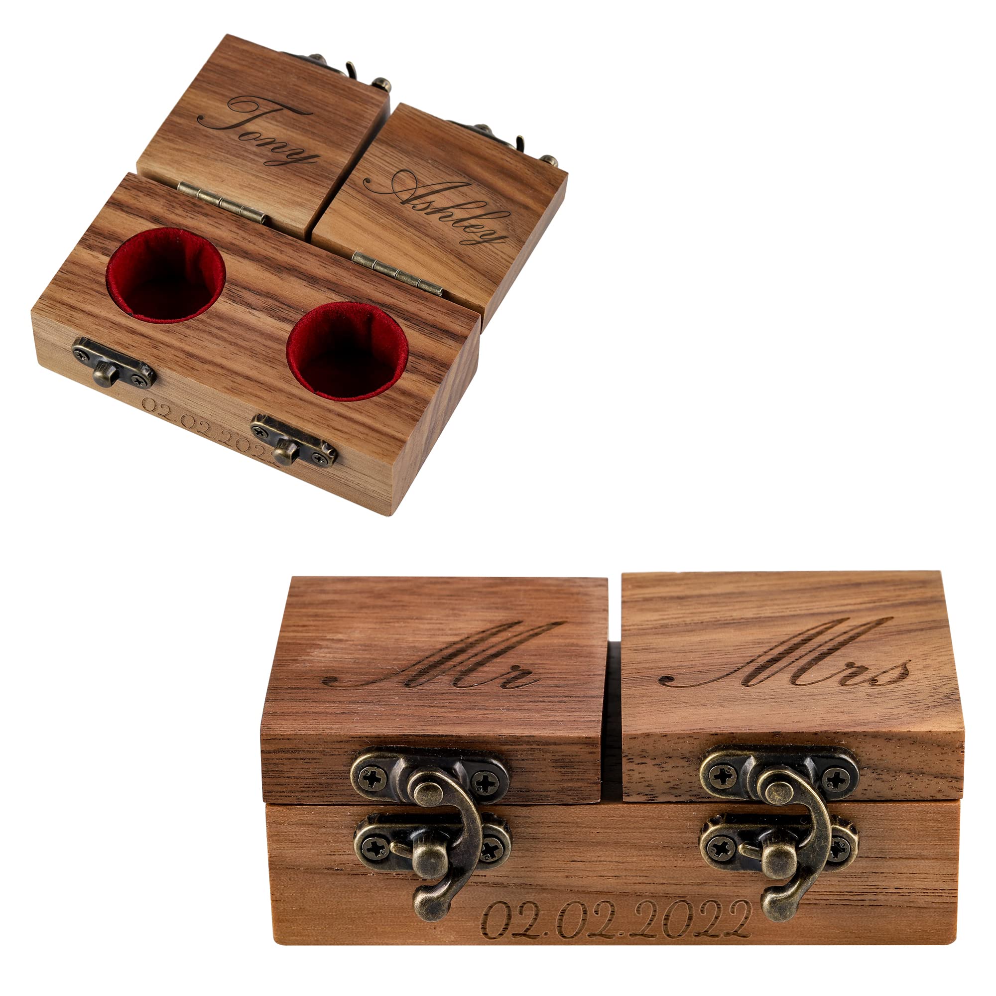 Nergaebe Personalized Wedding Ring Box, Wooden Engagement Ring Holder, Custom Rustic Engraved Jewelry Box, Proposal Ring Bearer Box, Portable Wooden Ring Box for Wedding Ceremony