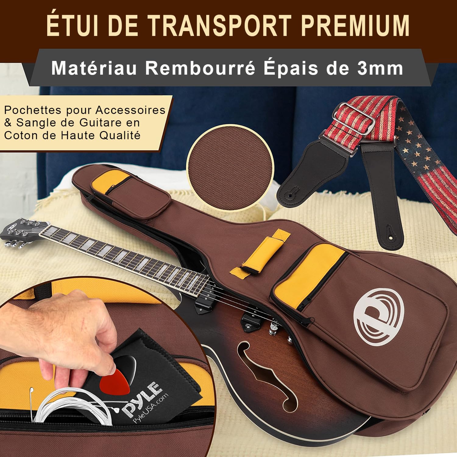 Pyle Guitare Electrique à Corps Semi-creux - Guitare- Kit Instrument Jazz Taille Complète de 106 cm avec Housse de Transport, Finition Mate et Sunburst