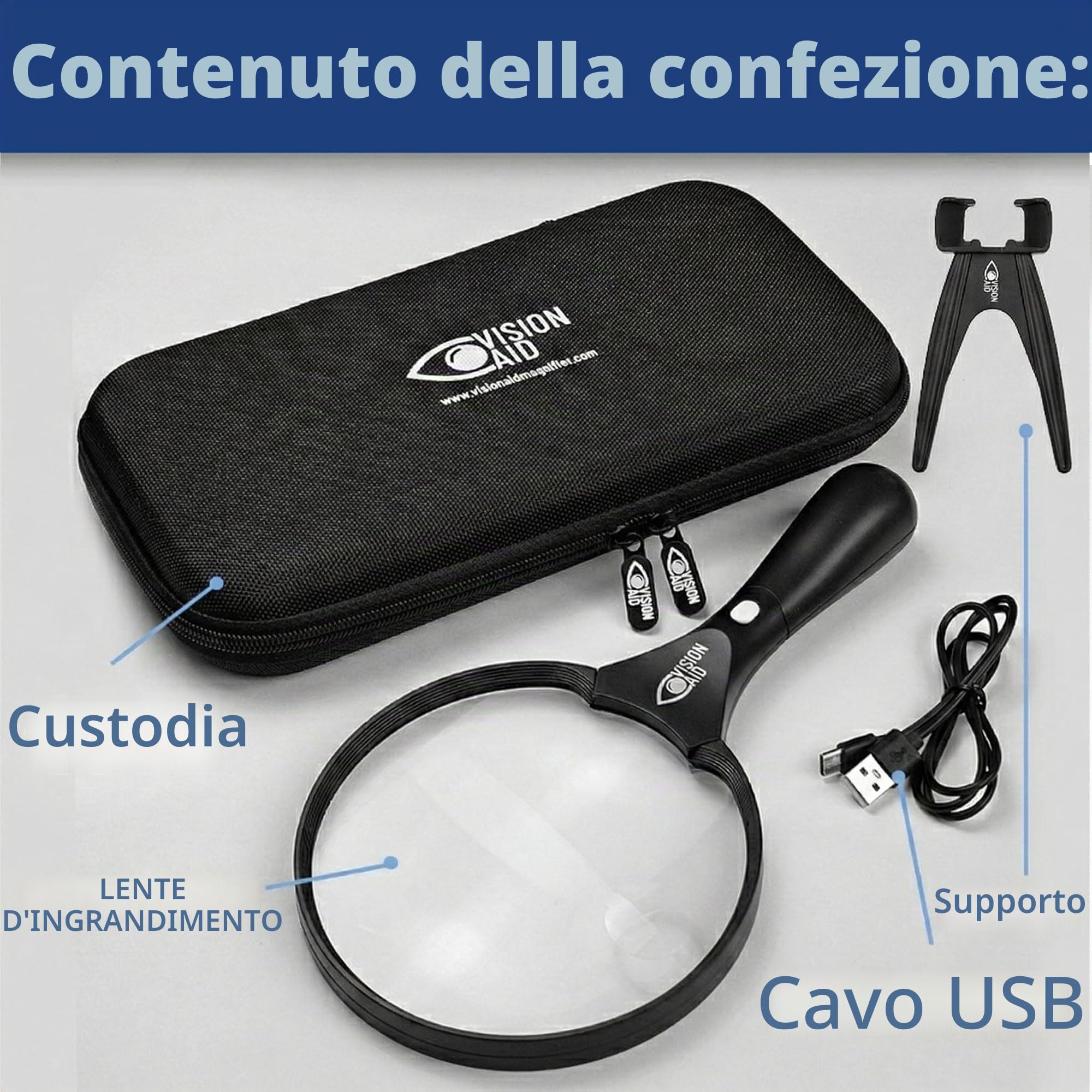 Lente d'ingrandimento grande da 14 cm con luce LED (ricaricabile tramite USB), custodia rigida, supporto, grande lente d'ingrandimento illuminata per gioielli, monete, lettura, anziani