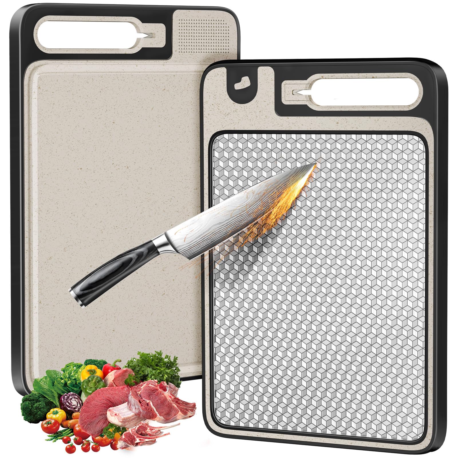 PKBD Chopping Boards for Kitchens,Double Sided 304 Food-Grade Stainless Steel Chopping Board and Wheat Straw Chopping Boards,Cutting Board for Meat &Vegetables,Non Toxic Hygienic Safe,Easy to Clean
