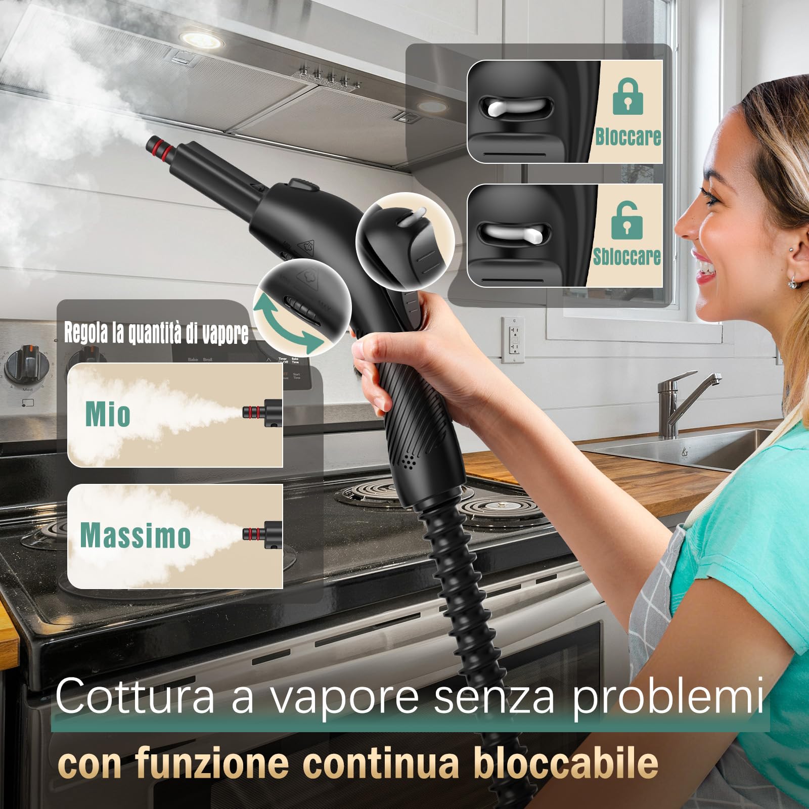 Pulitore a Vapore, 28 Accessori, 1,5 L 2000W, Pressione del Vapore 4 bar, Vapore Bloccabile, Potente Pulitore Vapore Casa per Rimuovere Sporco e Grasso da Pavimenti, Mobili Imbottiti e in Bagno