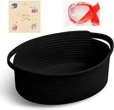 Bufims Small Woven Black Gifts Basket for Storage Empty with Ribbons and Bags Durable Cute Gifts 12X 8 X 5 Small Rope Basket for Gifting