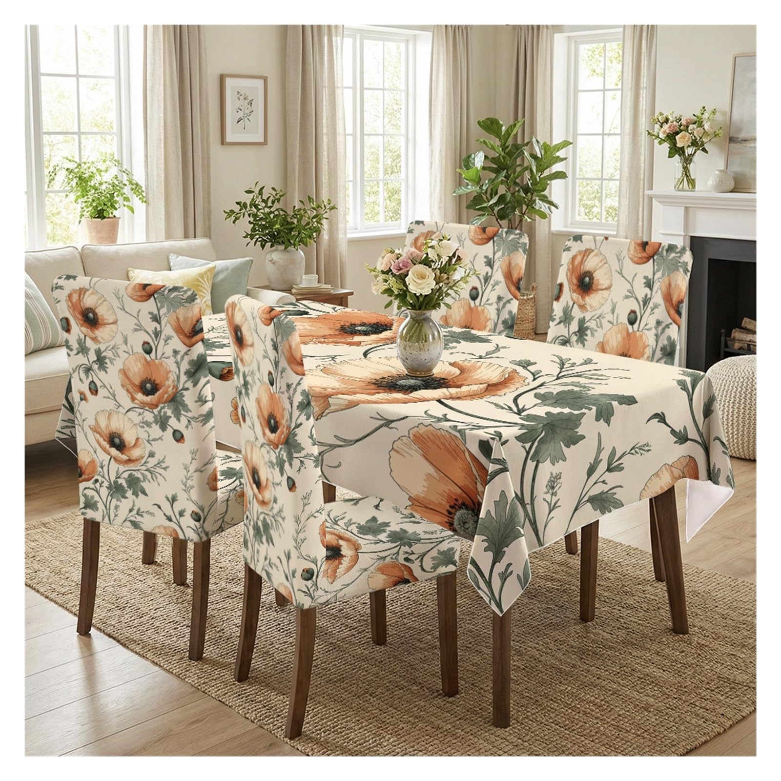 KXUAUV Vintage Orange Poppy Floral Dining Tablecloth & Chair Covers Set, 5/7 Piece Retro Botanical Cottage Farmhouse Dining Decor Party Decor(5pcs Set: Tablecloth+Chair Covers)