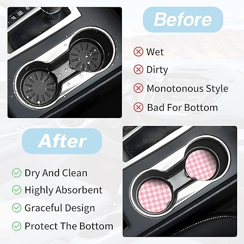 Miniatura 6 de Posavasos de automóvil a cuadros rosados para portavasos de automóvil, paquete de 2 posavasos de automóvil para automóvil, posavasos absorbentes de