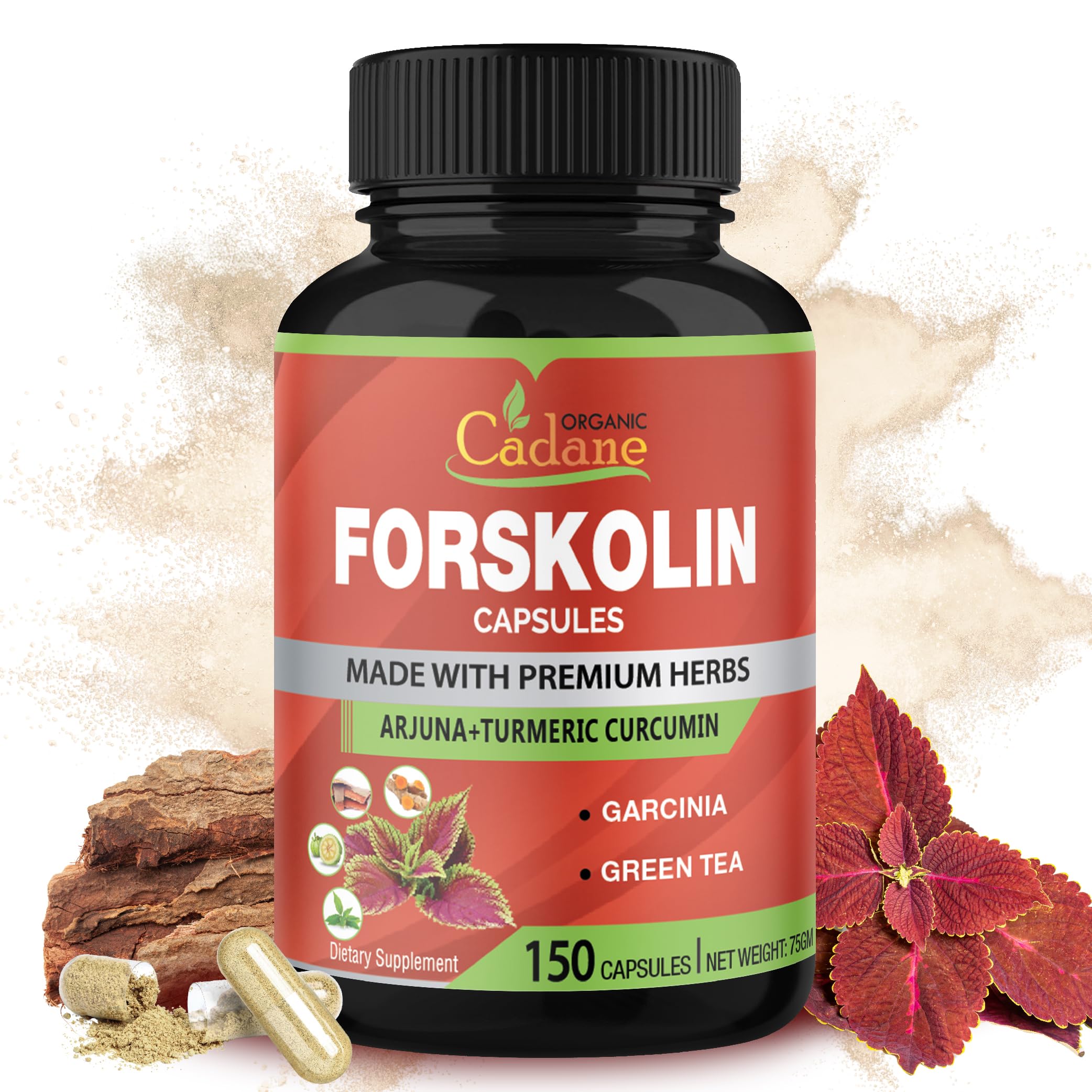 Cadaneフォルスコリンサプリメント - ターメリッククルクミン、Arjuna、Garcinia Cambogia、および緑茶 - 5ヶ月の供給 - 150カプセル