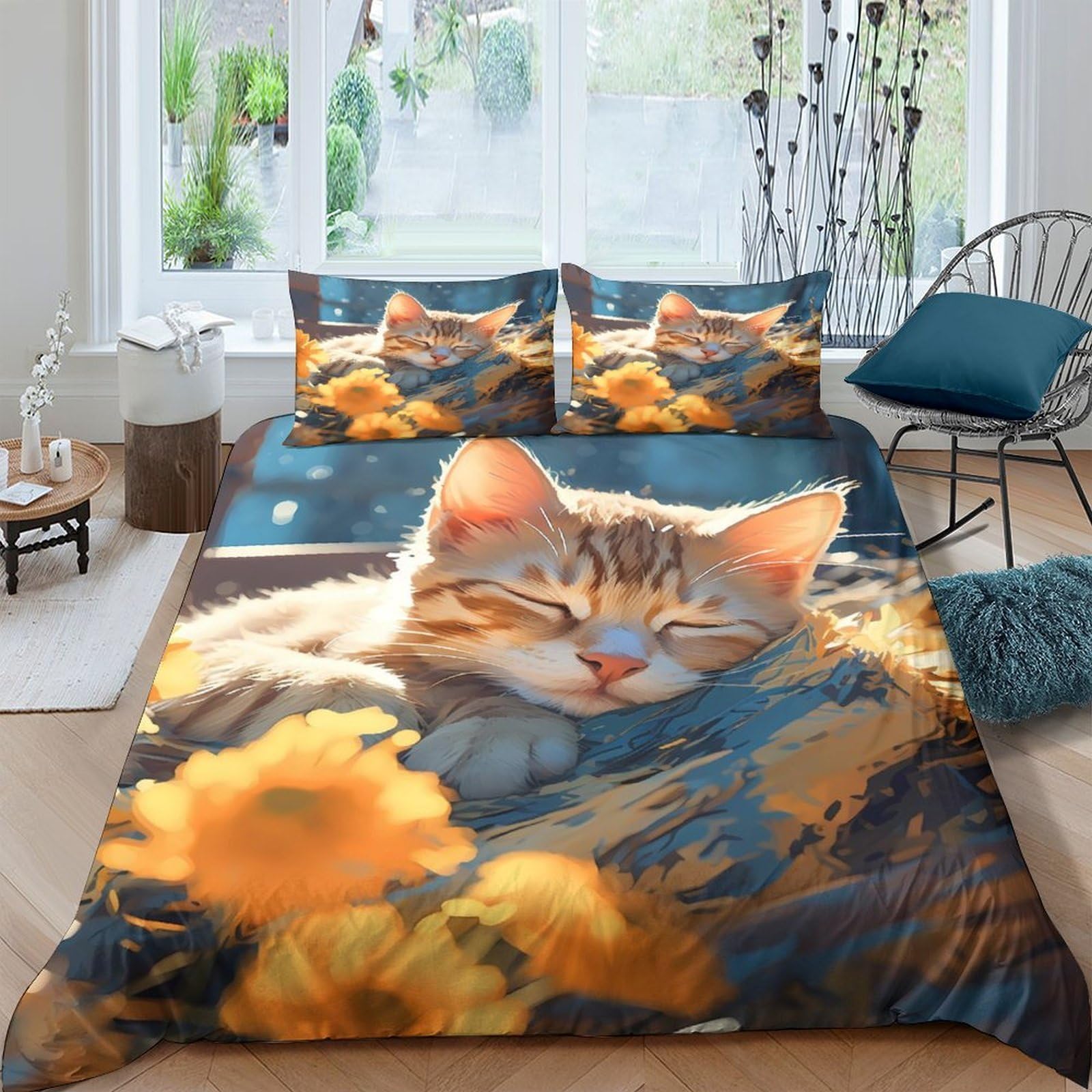 Ctjqhvkz Style-5 3D Printed Sleeping Cat Fitted Sheet Microfiber Soft Breathable Floral Bed Cover For Bedroom Guest Room Decor Single（135X200cm）