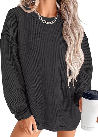 KISSMODA Women's Casual Long Sleeve Sweatshirt Color Block/Solid Crewneck Corduroy Pullover Cute Tops