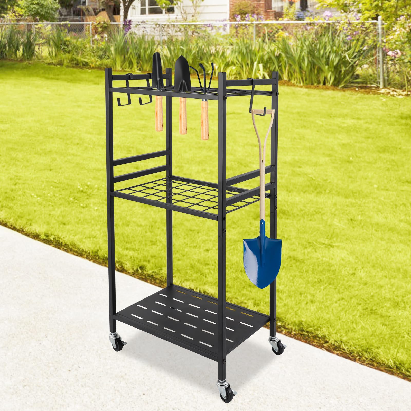 Organizer per attrezzi da giardino, carrello per attrezzi da giardino, supporto per pale, scope, portata fino a 30 kg, 35 scomparti e ganci, con 4 ruote, portautensili, per garage e giardino