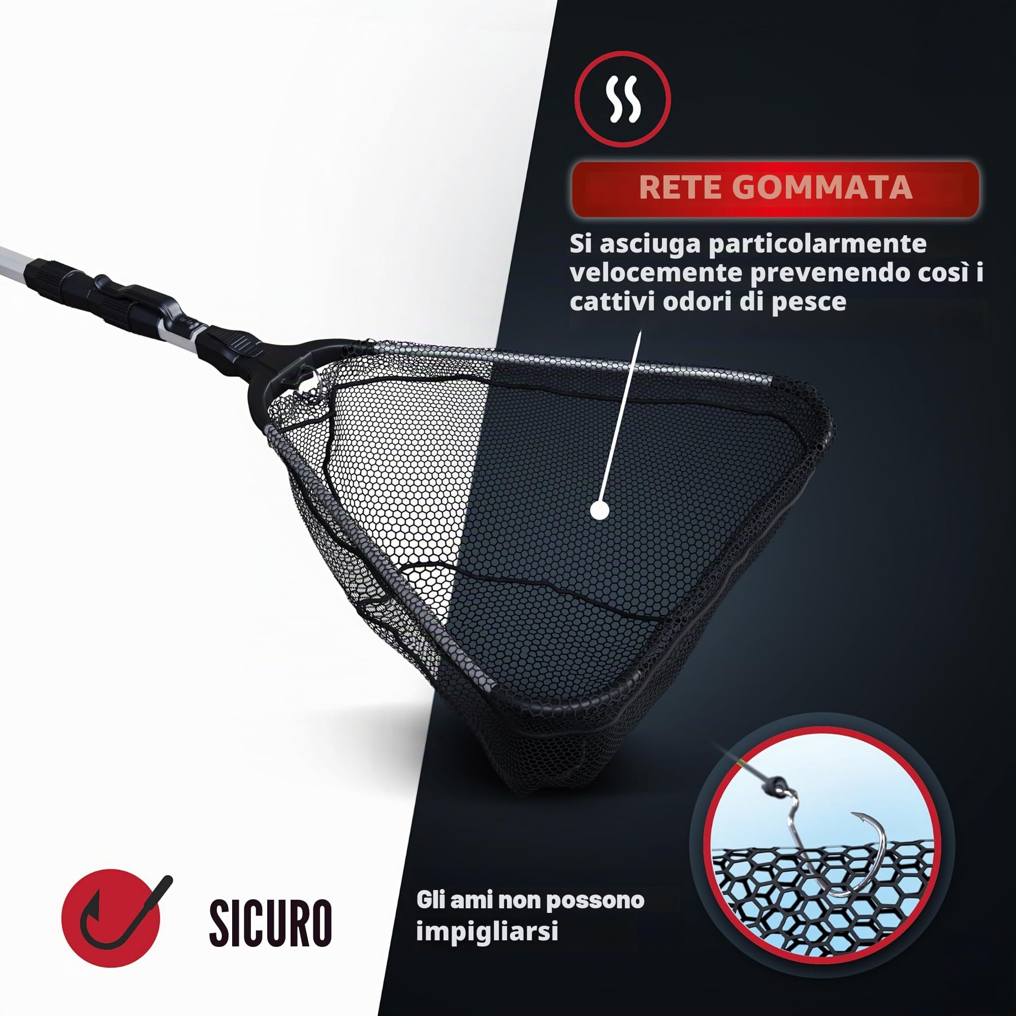 Paradox Fishing Retino gommato, 1,6 m/2,1 m, telescopico, retino da pesca gommato, retino gommato, retino da pesca
