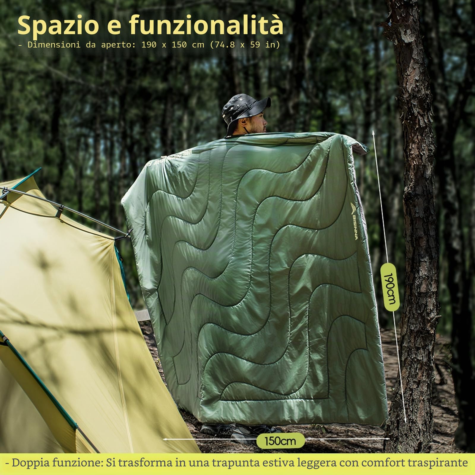 BISINNA - Sacco a pelo ultraleggero da 680 g | Design compatto 2 stagioni per campeggio, escursionismo e avventure estive (190 x 75 cm)