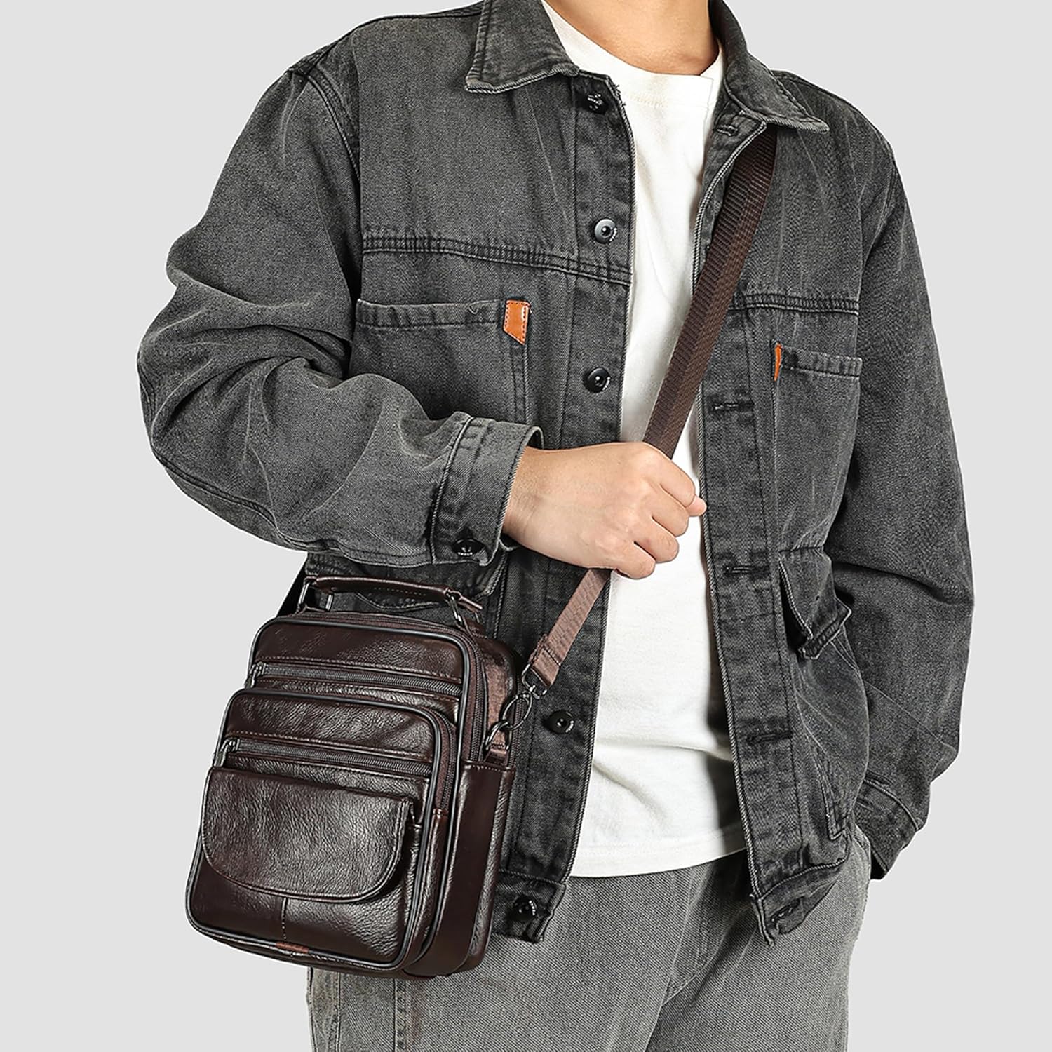 Celle phone Shoulder Bag for Men Leather, Smartphone Messenger Pouch Universal, Crossbody Mobile Phone Holster Leather Waterproof Satchel Sling Bags Handbag Cross Body Wallet Side Bag Daypack Backpack - Image 7