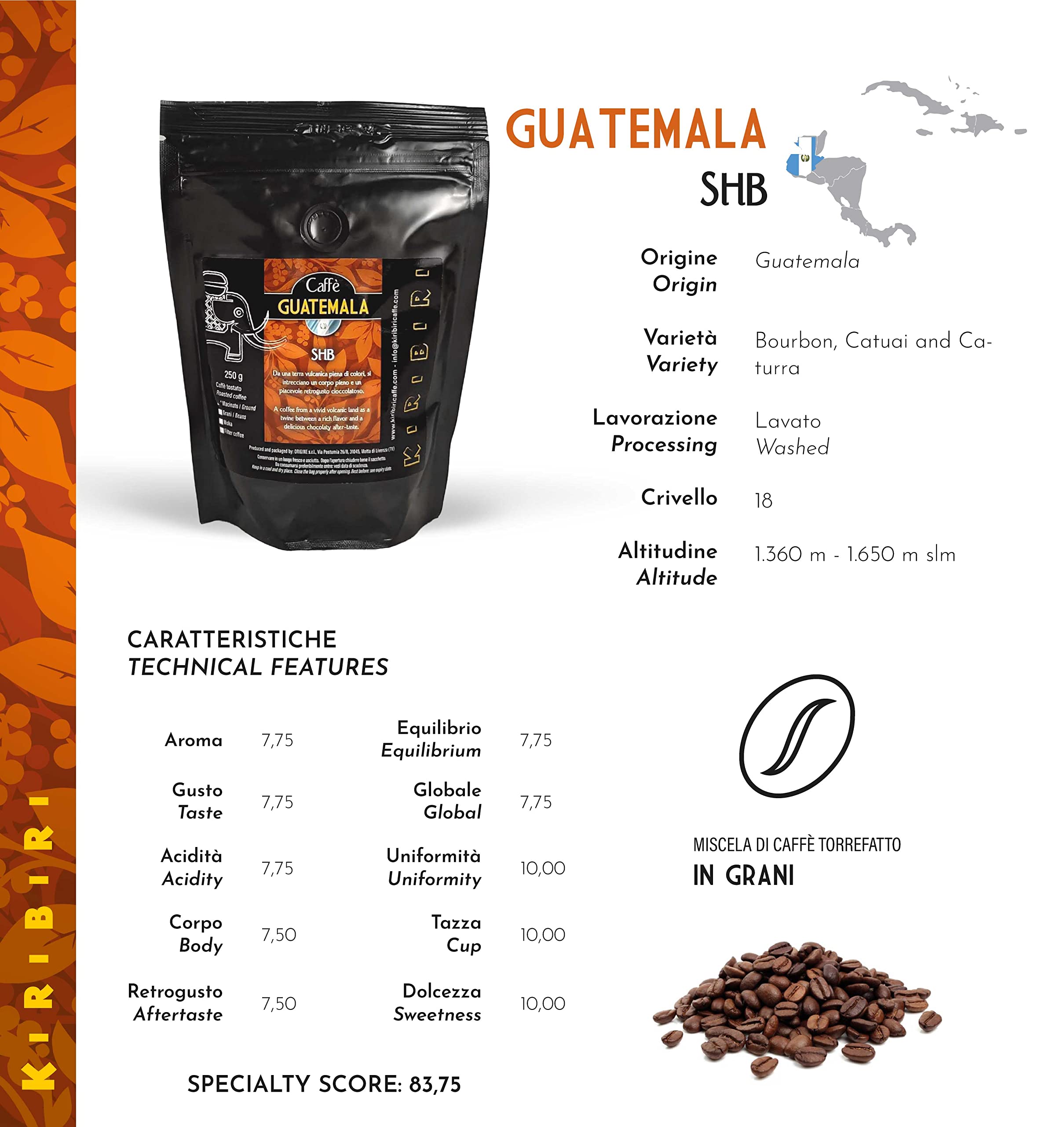 KIRIBIRI Café Especial de Origen 100% Arábica - Brasil, Guatemala, Honduras Orgánico, Kenia (4 x 250g Café en granos)