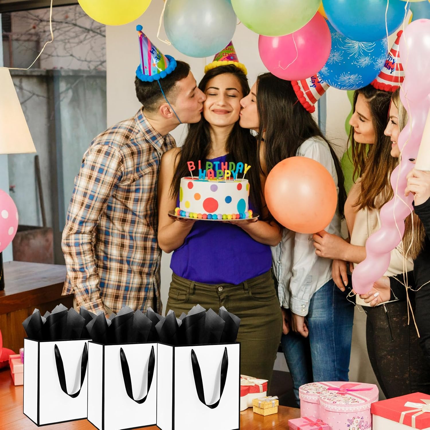 Addblu 28 Pack Bulk Luxury Gift Bags with Handles, Medium Size 9x7x3.15 Inches - Includes 28 Tissue Papers for Wedding, Birthday, Baby Shower, Thanksgiving, Christmas, & Party Favors (White with black border) - Image 6