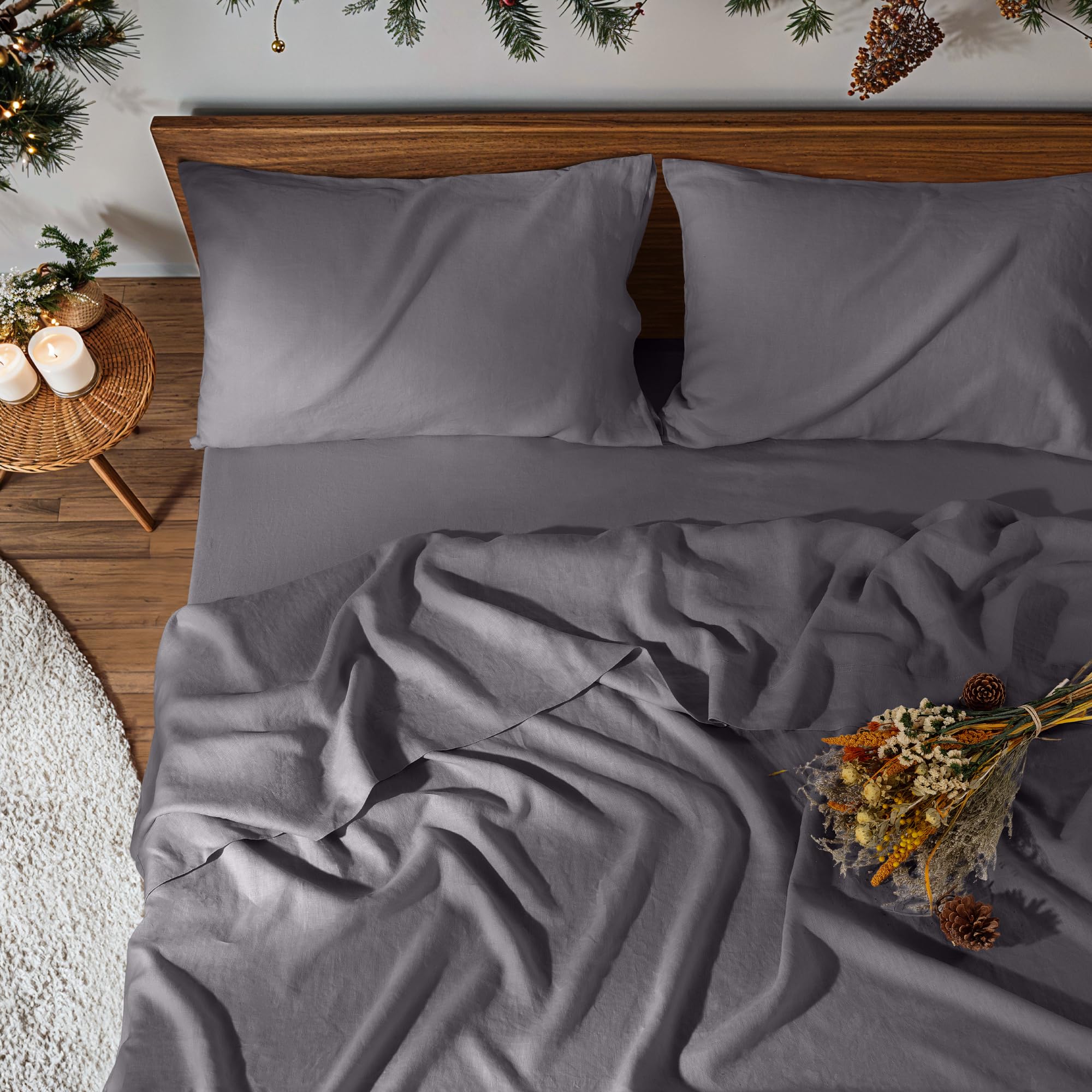Linen Sheet Set 4Pcs, 16” Deep Pocket Durable Bed Sheet Queen
