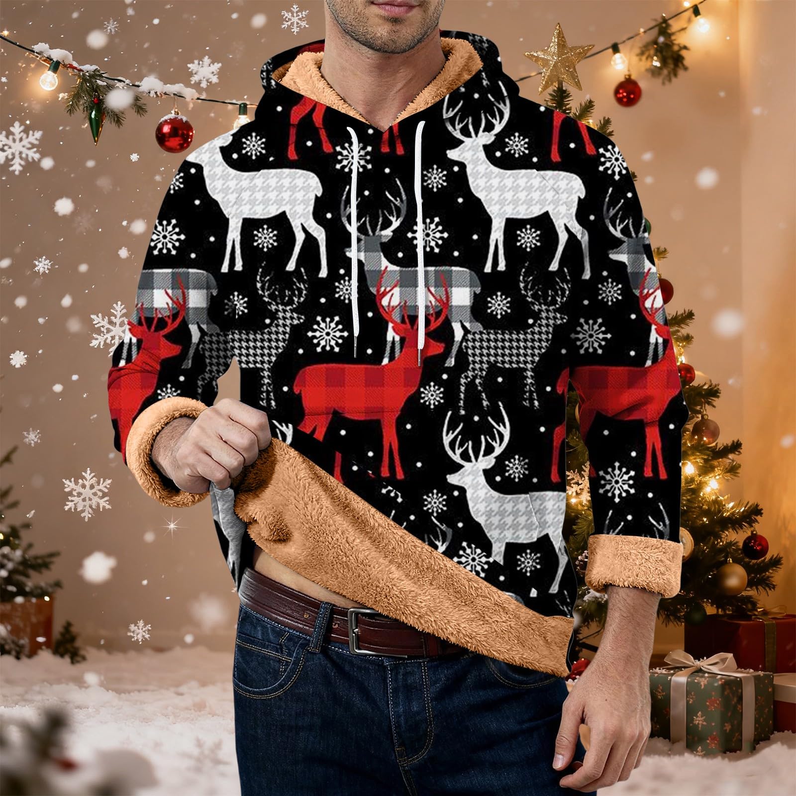 Sudadera con capucha navideña con forro polar para hombre, divertido, reno, árbol de Navidad, sudadera de tallas grandes, vestidos de Navidad, tops de manga larga, cálido, jerséis sherpa novedad