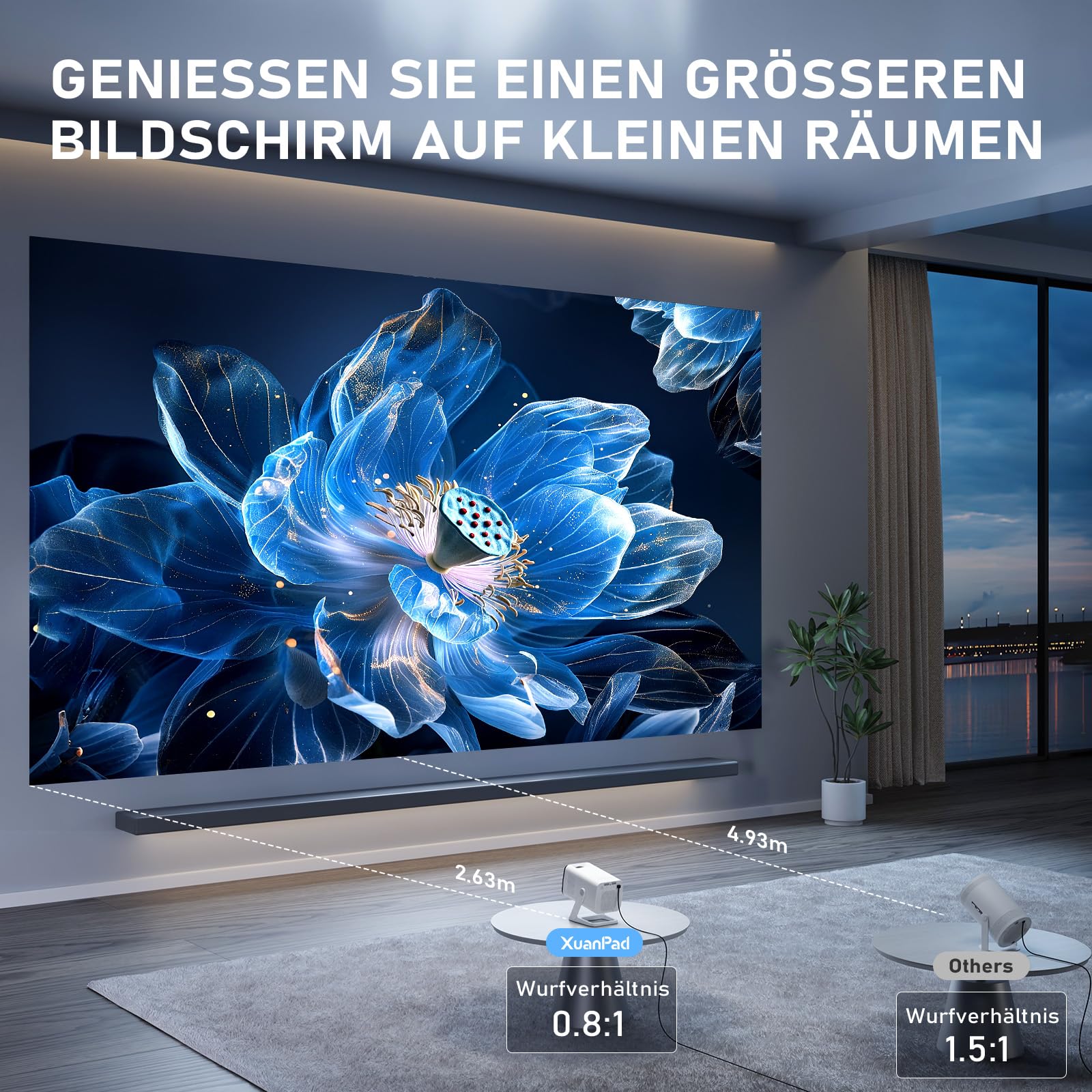 [Mini Beamer & Offizielle Lizenzierte App] XuanPad Weiß Smart Beamer 4K Unterstützung 25000 Lumen mit WiFi und Bluetooth, Tragbarer Native 1080P Outdoor Projektor mit 360° Ständer