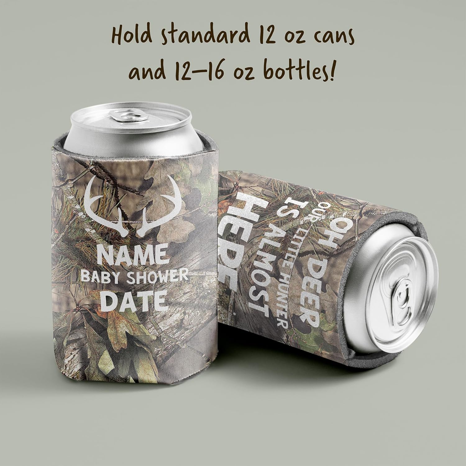 VictoryStore Custom Baby Shower Can Coolers – “Oh Deer, Our Little Hunter Is Almost Here” Camo Design – Personalized Set of 48 for 12–16 oz Cans & Bottles