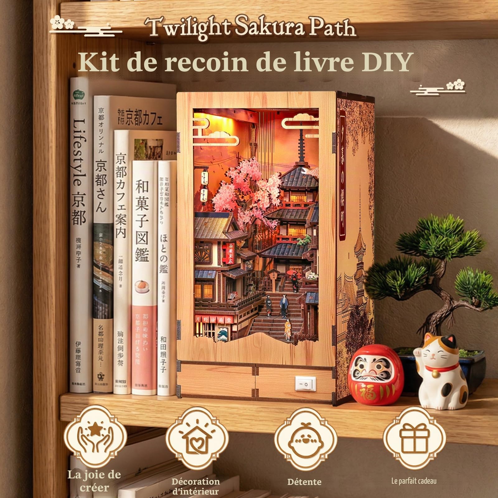 CUTEBEE Book Nook Kit - Maison de Poupée pour Adultes, Scène de Rue Japonaise Miniature, Décoration de Bibliothèque, Cadeau pour la Famille (Twilight Sakura Path)