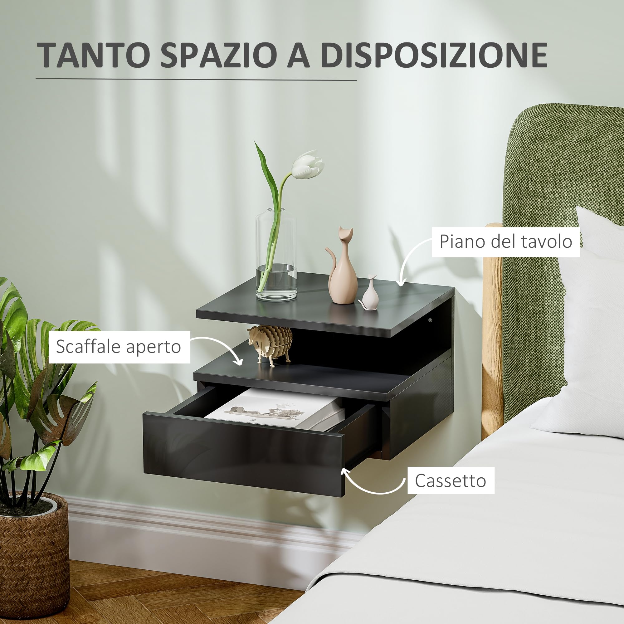 HOMCOM Comodino Sospeso Salvaspazio 35x32x22.5cm Nero Lucido