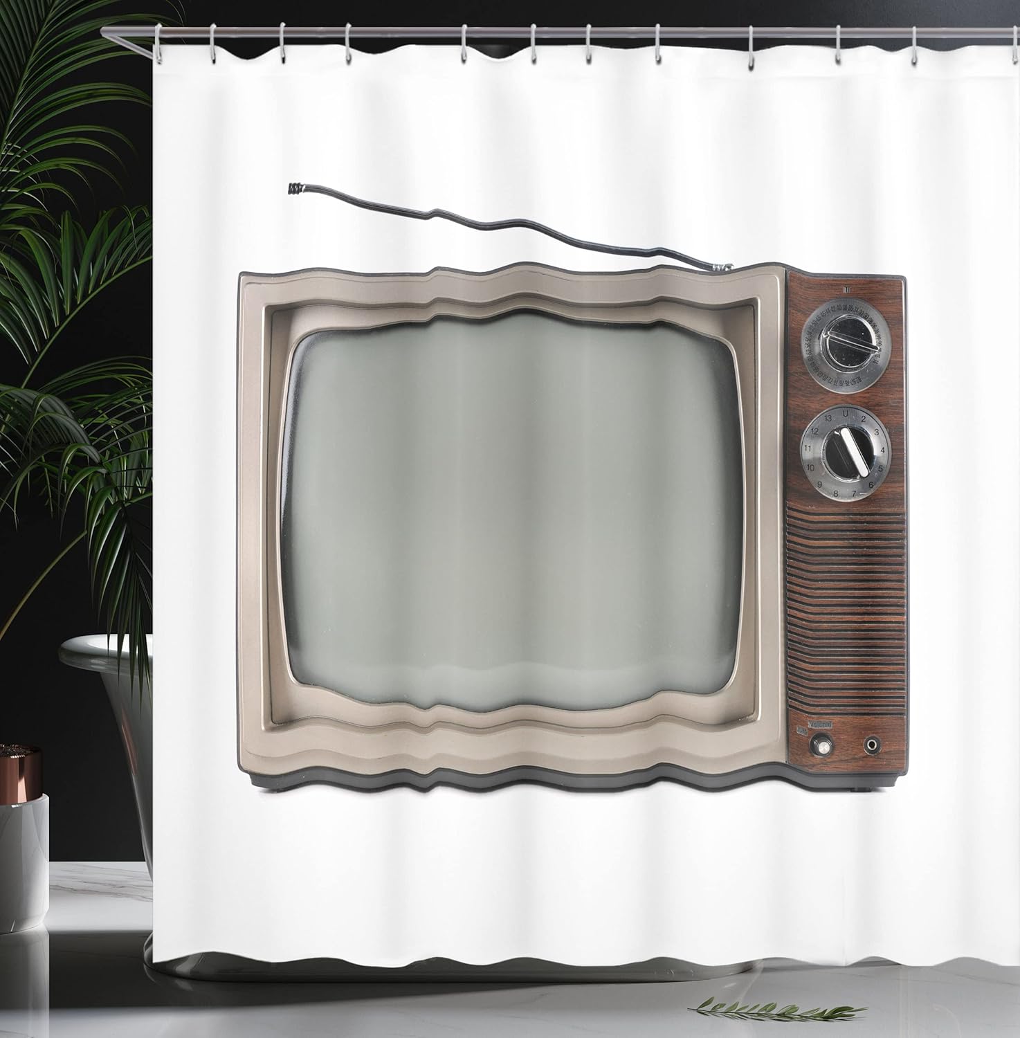 Ambesonne 1950s Shower Curtain, Old Television with Antenna Broadcast Display Antique TV Historic Movie Screen, Cloth Fabric Bathroom Decor Set with Hooks, 69" W x 70" L, White Umber