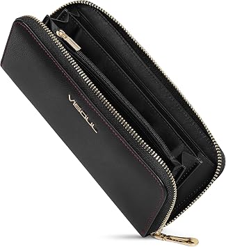 VISOUL Leather Long Zipper Around Cash Wallets with Coin Pocket, Large Clutch RFID Blocking Wallet for Women with 8 Card Slots Black and Black