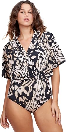 Gottex Womens Modest Printed Blouson with Short Sleeves, One Piece Swimsuit