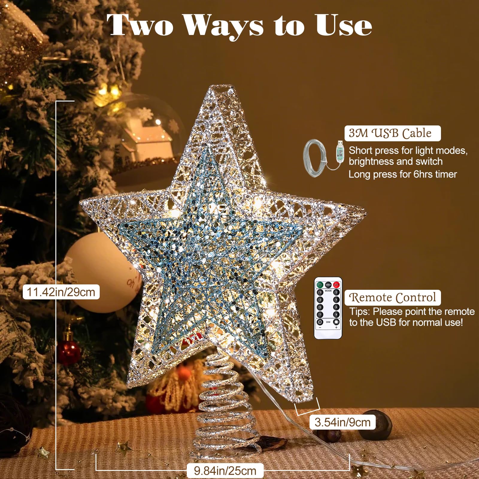 Lewondr Christmas Star Tree Topper, Metal Frame Tree Topper Star with 15 Warm Light Beads - Image 4