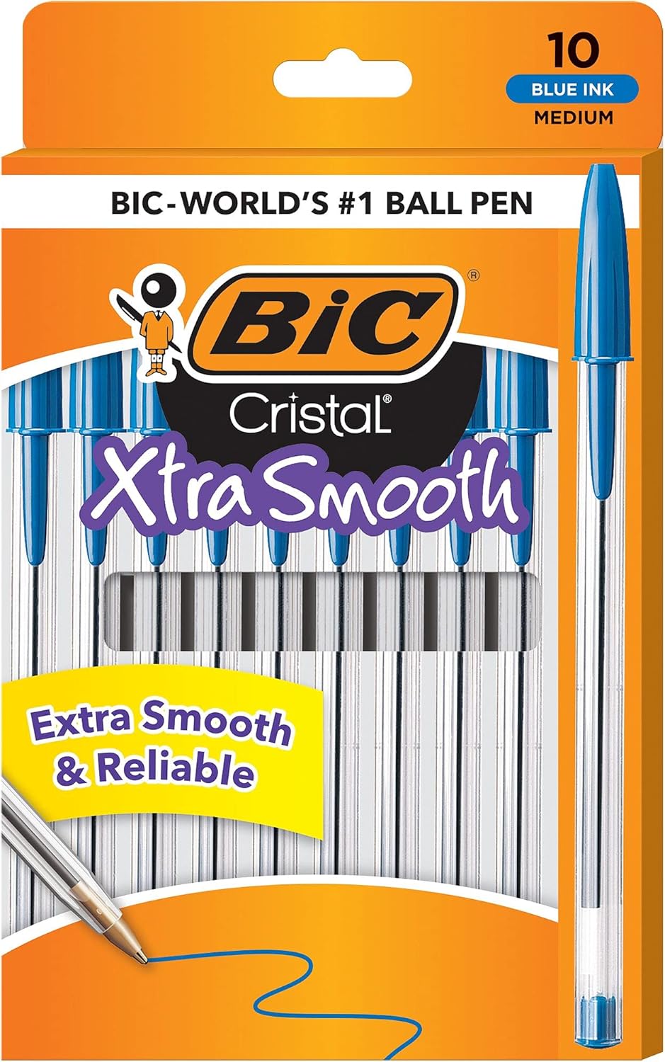 BIC Cristal Xtra Smooth Ballpoint Pen, Medium Point (1.0mm), Blue, 10-Count (Pack of 12)