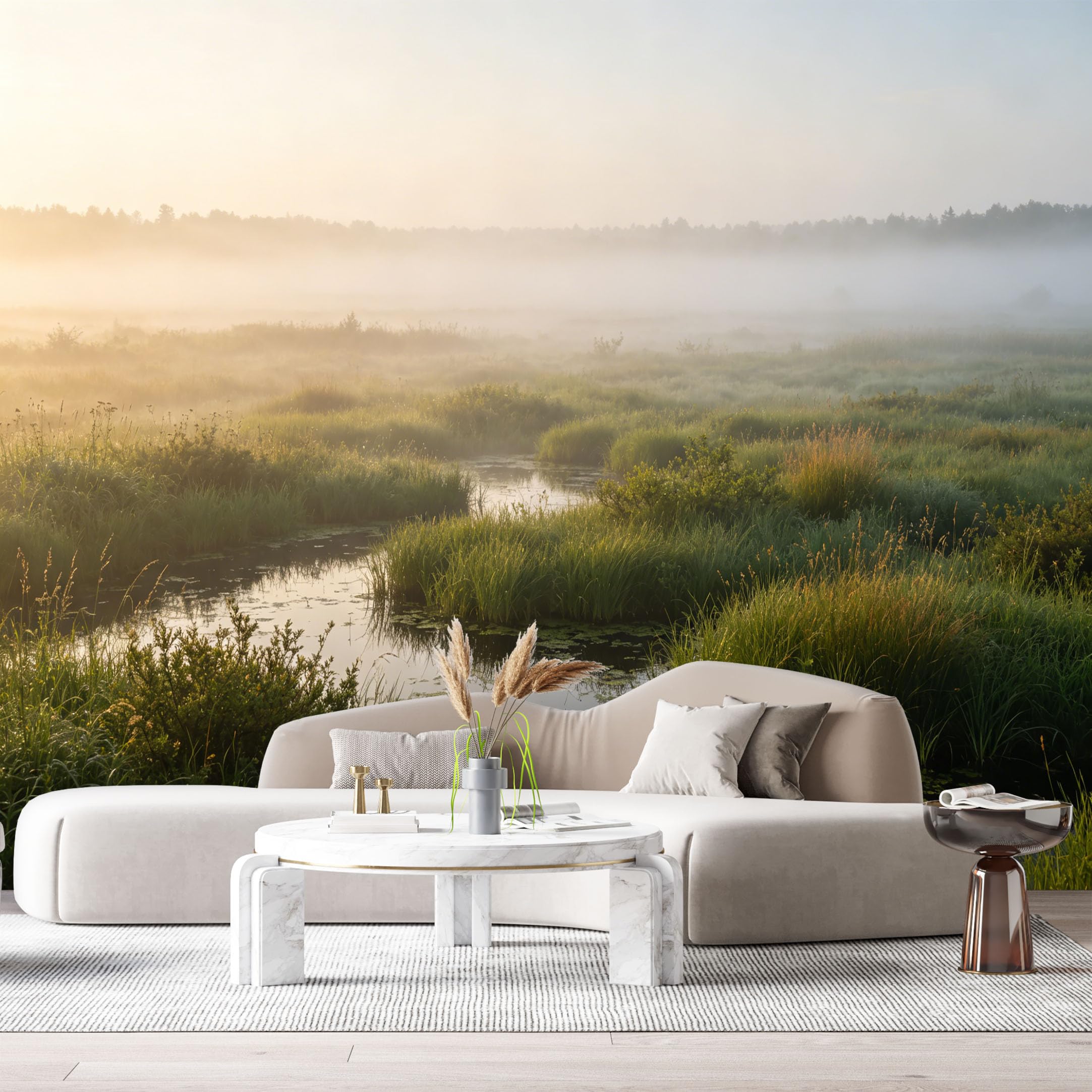 Custom Size Wall Murals Misty Wetland Landscape Watercolor Sunrise Marsh Reflections SelfAdhesive Wall Fabric Removable Large Wallpaper for Photo Living Room