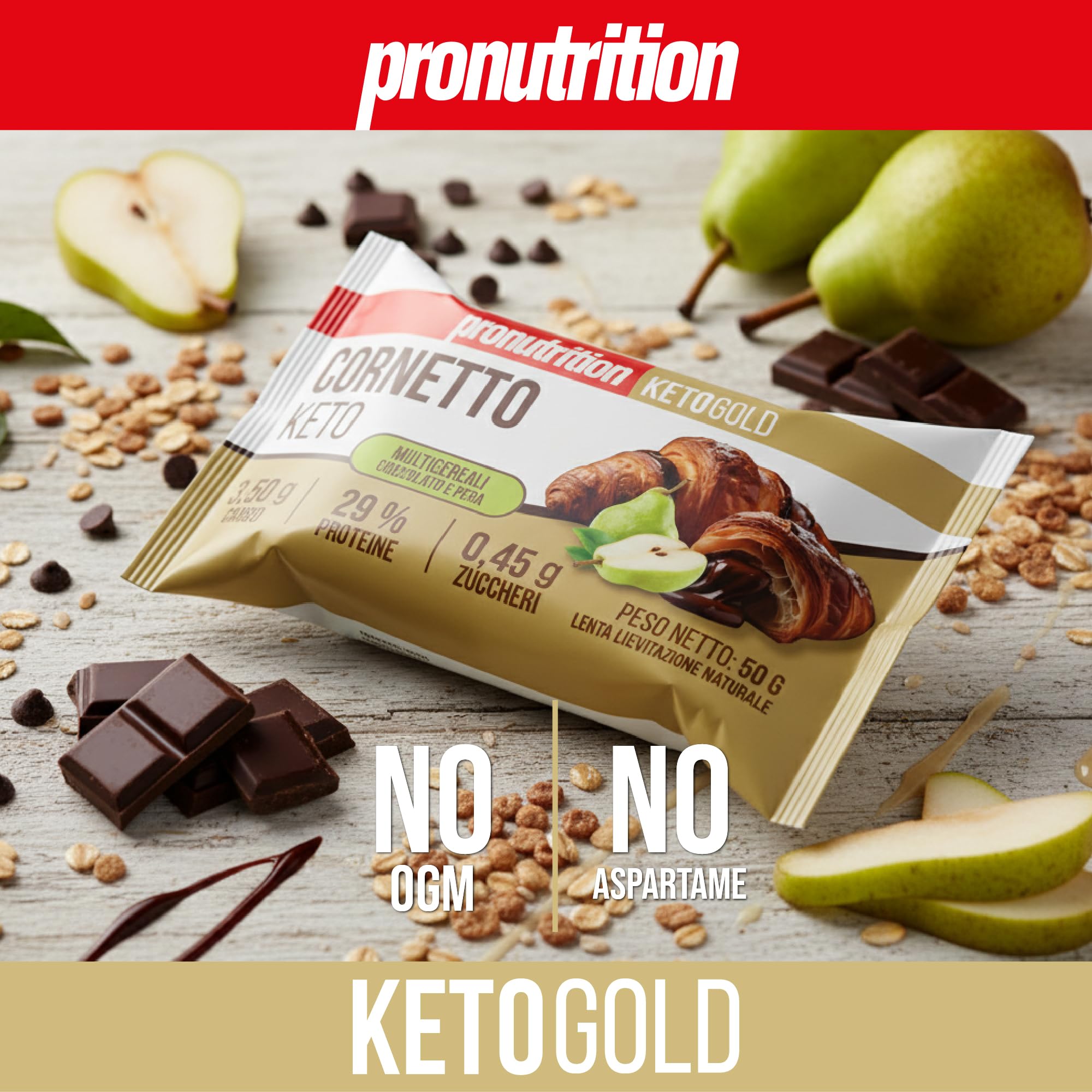Pronutrition Cornetto Keto – Basso in Carboidrati e Zuccheri, Alto Proteico con Deliziosa Farcitura, Lievitazione Naturale – Gusto: Cioccolato e Pera