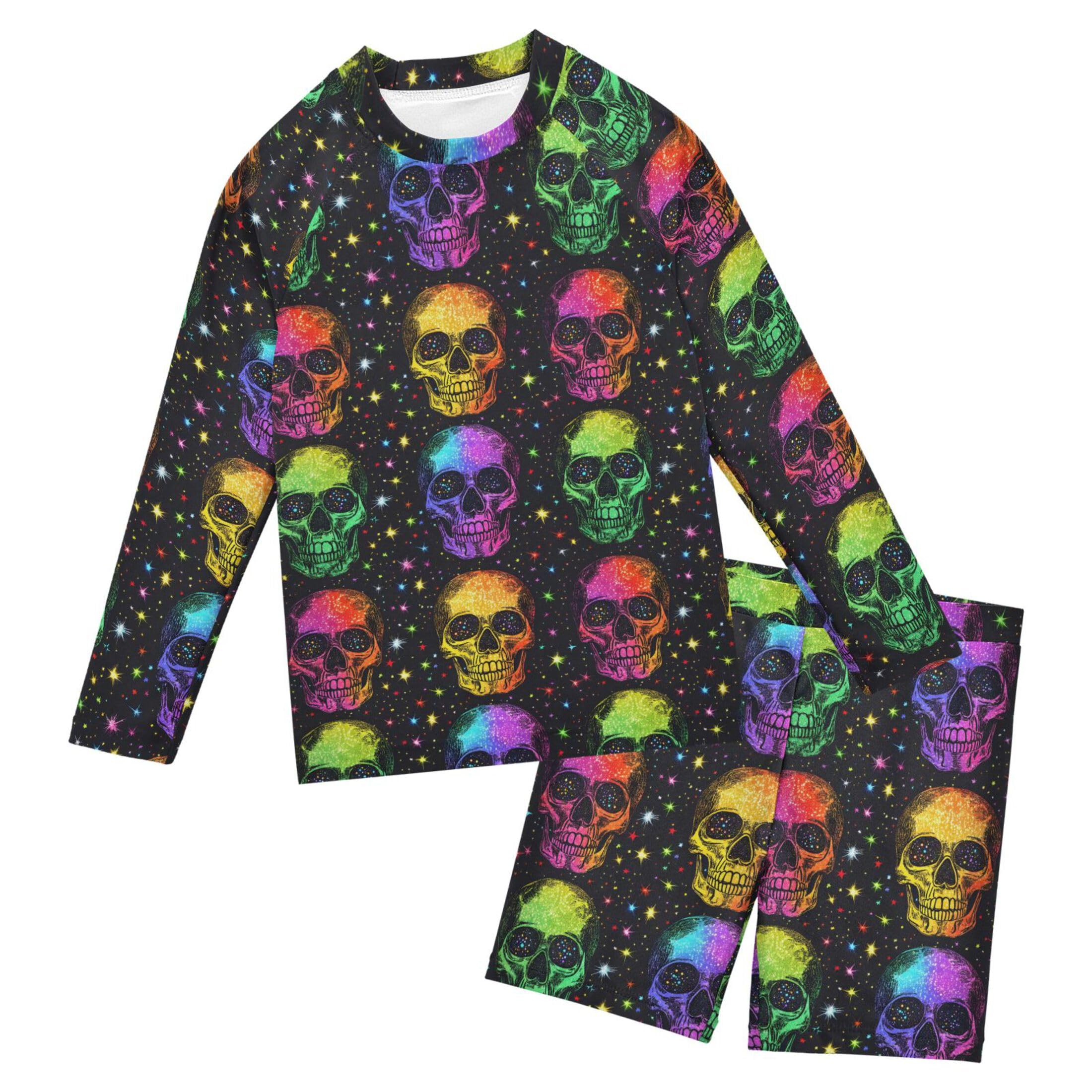 Sugar Skull Skeleton Colorful Toddler Boys' 2-Piece Swimsuit Trunk, Long Sleeve Rashguard Bathing Suit B0403450