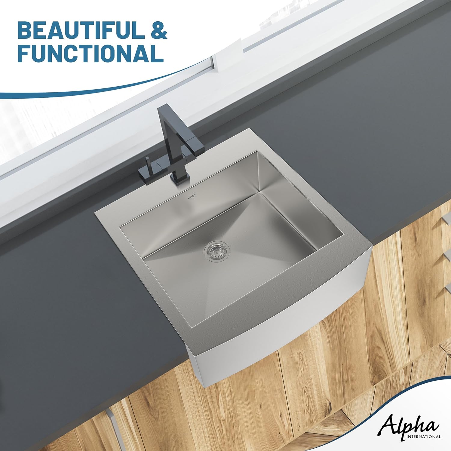 Alpha Sinks Apron Sink – 24" Top Mount Farmhouse Sink, Stainless Steel, Anti-Condensation, Curved Apron Front Farmhouse Kitchen Sink with Single Bowl (33" W x 24" L x 9" D)