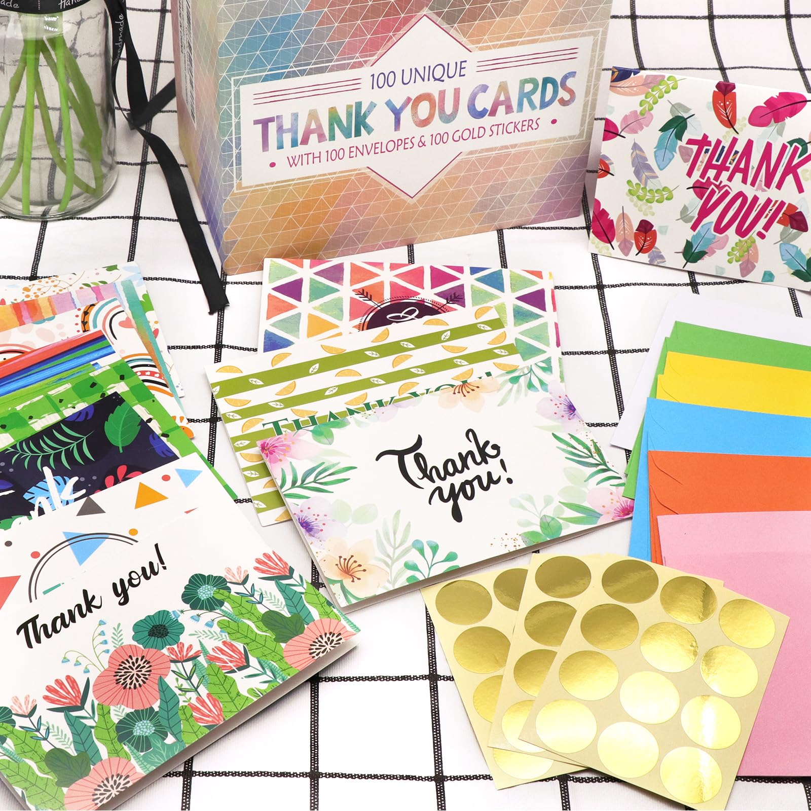 Tarjetas de agradecimiento, 100 juegos de tarjetas de felicitación únicas con sobres, calcomanías de sello dorado, notas de agradecimiento, caja de almacenamiento de 4 x 6 pulgadas para