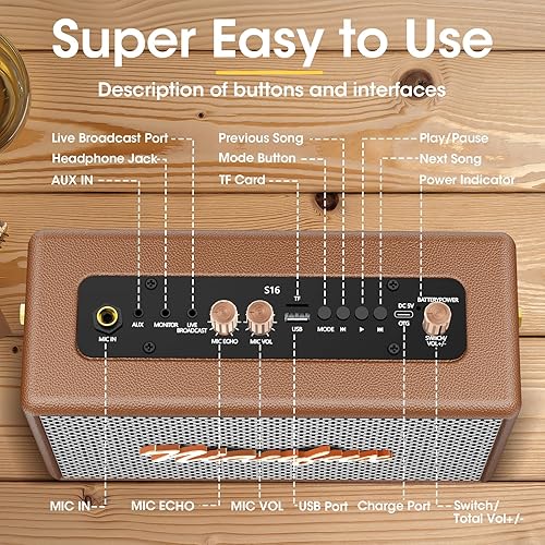 Miniatura 4 de Máquina de karaoke retro con dos micrófonos inalámbricos, altavoz Bluetooth portátil para adultos y niños, sistema PA recargable para fiestas en