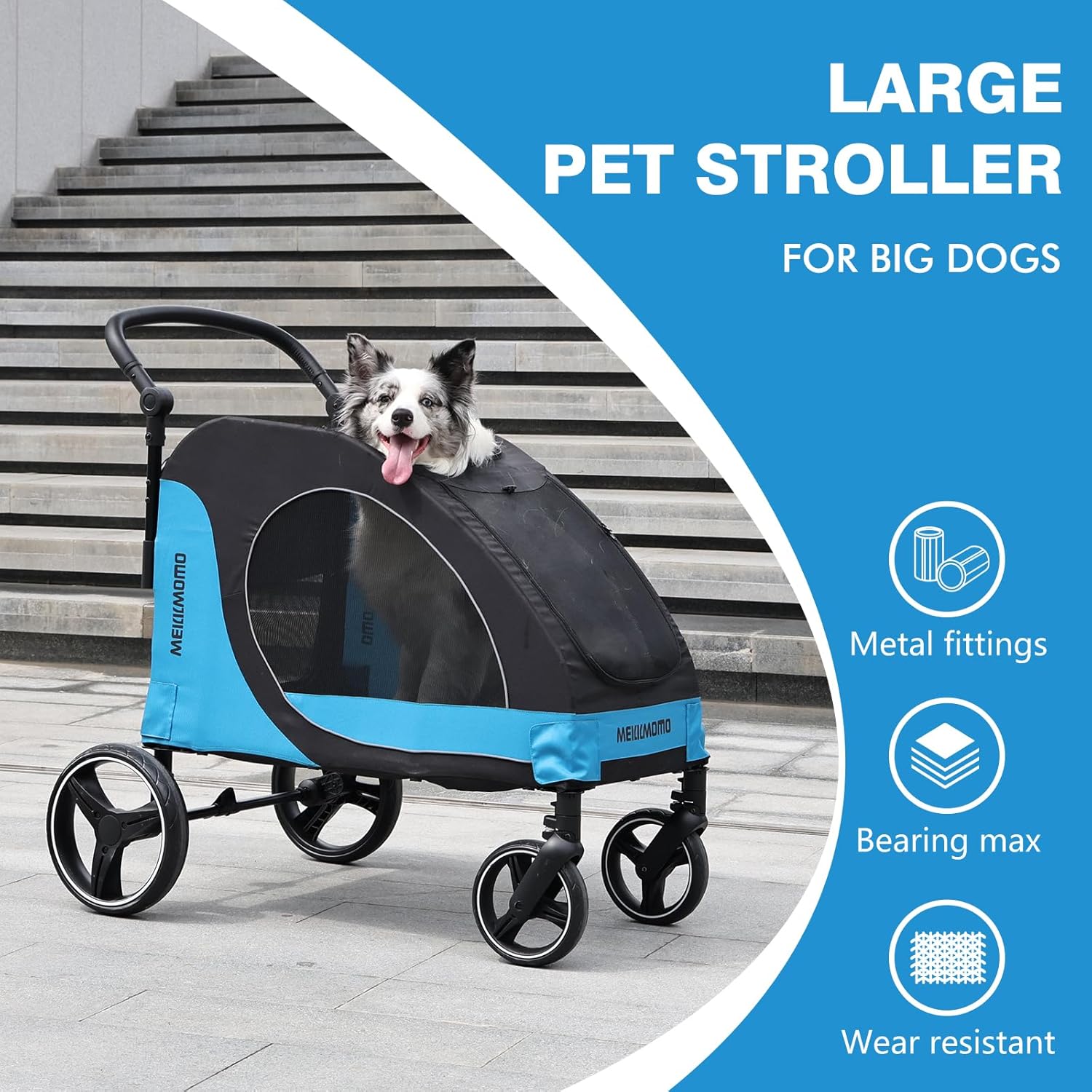Pet Stroller for Large Dogs up to 80lbs, All-Terrain with Adjustable Handle & Mesh Dual-Windo, Large Dog Stroller for Multiple Pets, Blue