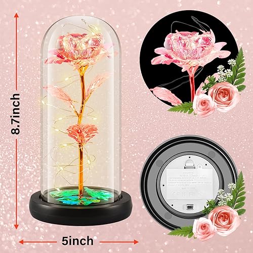 Miniatura 3 de Flor de rosa preservada para mamá, flor para siempre en cúpula de cristal con luz LED, rosas de cristal, regalos de cumpleaños para mujeres, niñas,