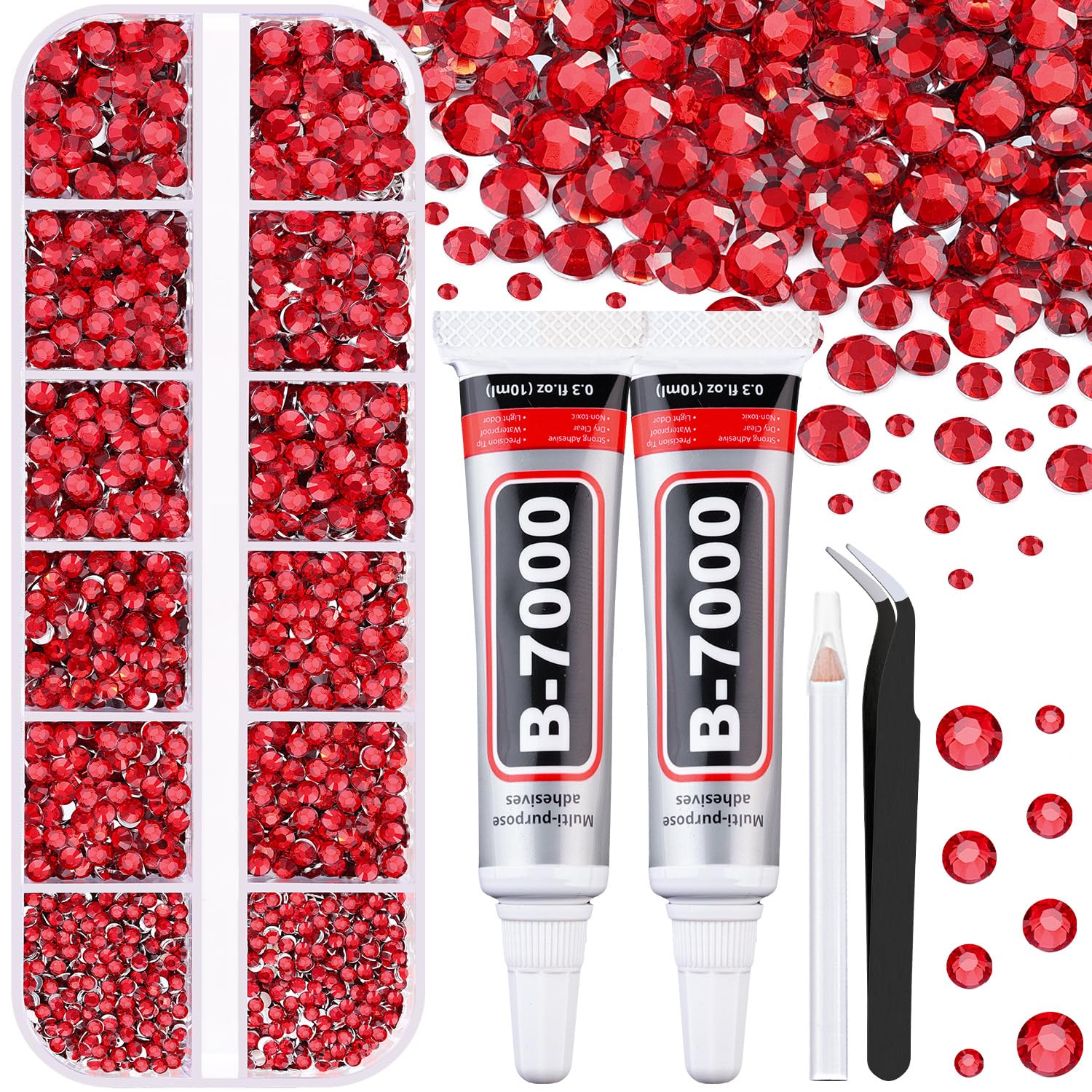 6100Pcs Resin Red Rhinestones for Bedazzling with 2Pcs 10ml B7000 Jewelry Glue, 1 Box Flatback Gems Crystals Diamonds for Makeup Crafting Nail Art
